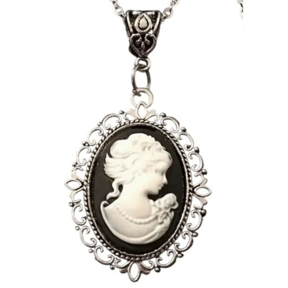 Victorian Style Black Cameo Pendant Necklace With Silver Chain - Picture 1 of 2